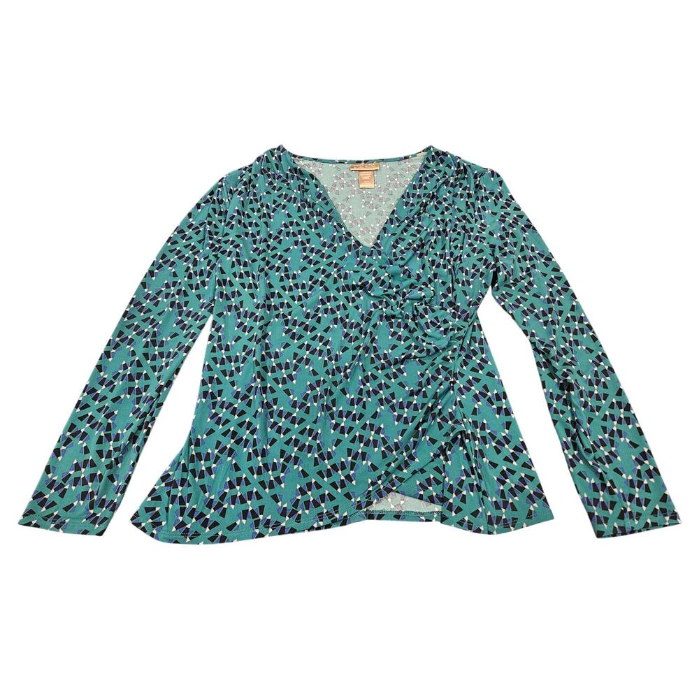 Miss Tina Knowles Blouse XL Green Geometric Wrap Ruched Stretch Top Y2K